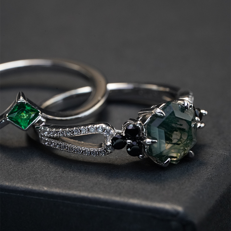 Hexagonal Cut Moss Agate Ring