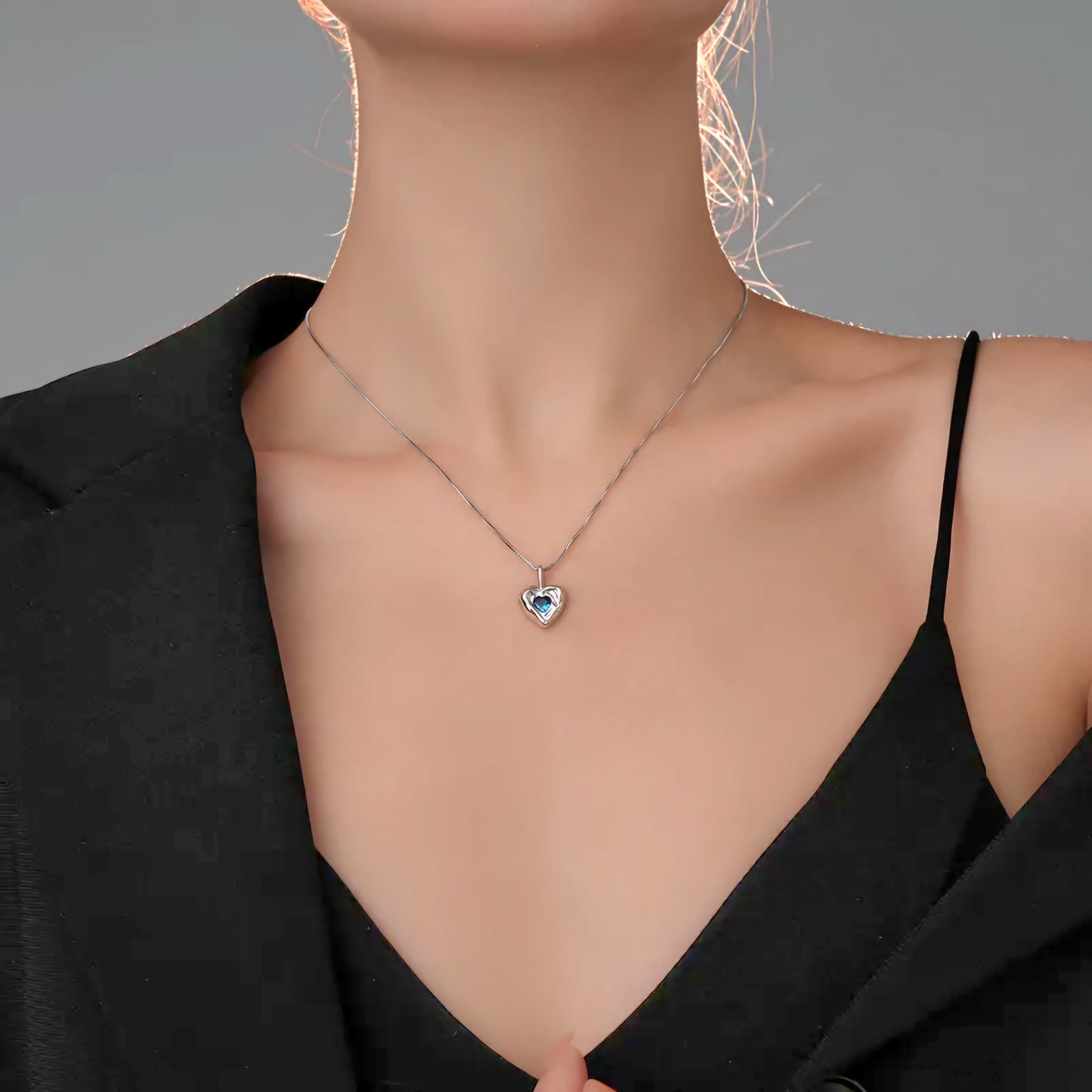 Sterling Silver Artisan Heart Necklace with Blue Diamond