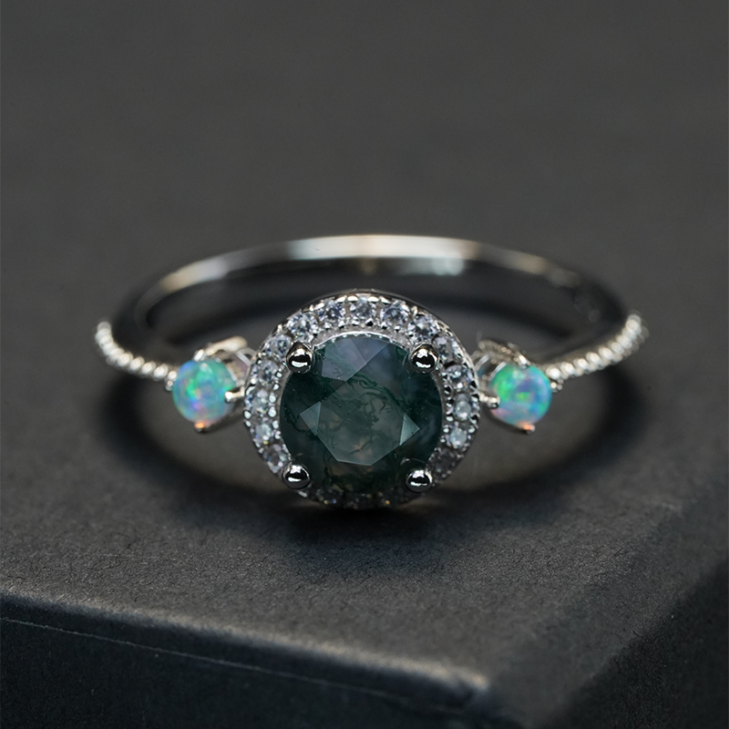 rose-Cut Moss Agate & Opal Ring