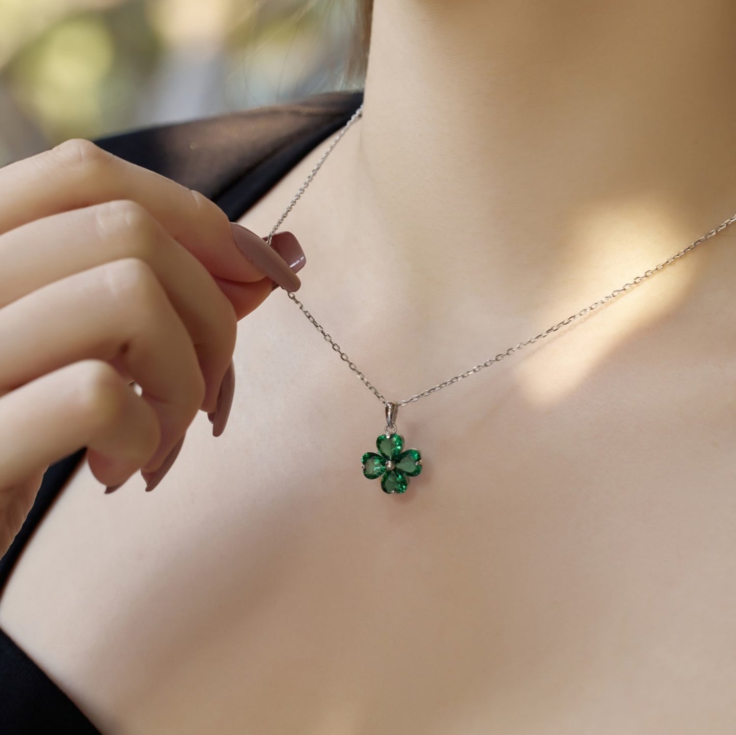 Clover Necklace with Green Hearts