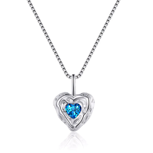 Sterling Silver Artisan Heart Necklace with Blue Diamond
