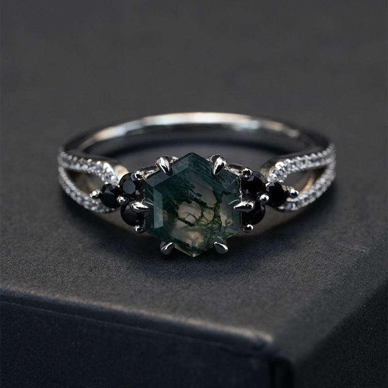Hexagonal Cut Moss Agate Ring