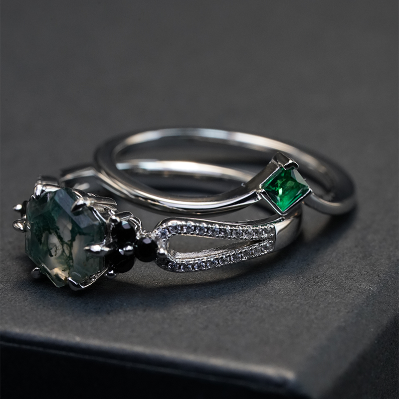 Hexagonal Cut Moss Agate Ring
