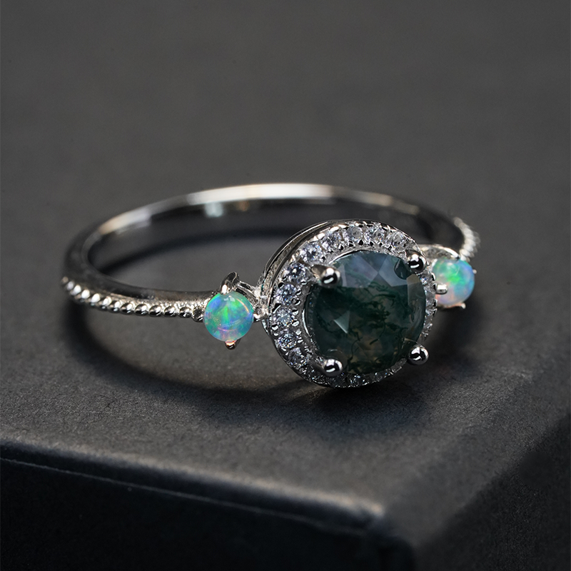 rose-Cut Moss Agate & Opal Ring