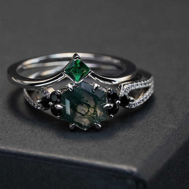 Hexagonal Cut Moss Agate Ring